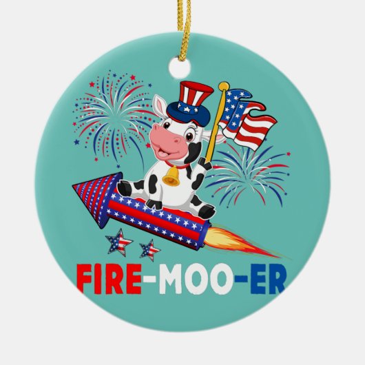 Fire Moo Er Cow Riding Firecracker American Flag Keramik Ornament (Vorne)