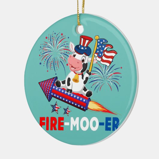 Fire Moo Er Cow Riding Firecracker American Flag Keramik Ornament (Links)