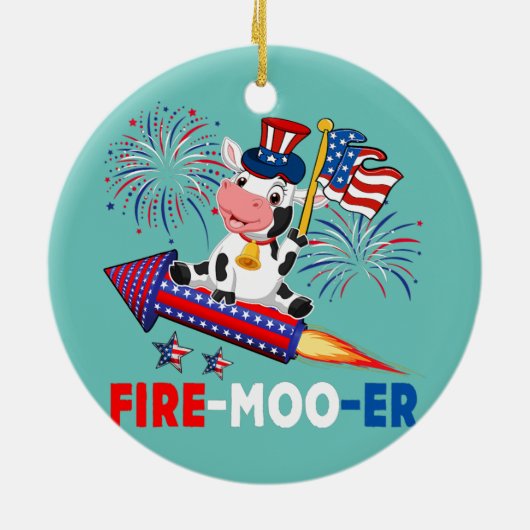 Fire Moo Er Cow Riding Firecracker American Flag Keramik Ornament (Hinten)