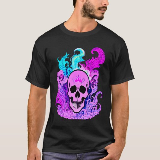 Fire Skull Smoke Pink Skeleton Flames T-Shirt (Vorderseite)