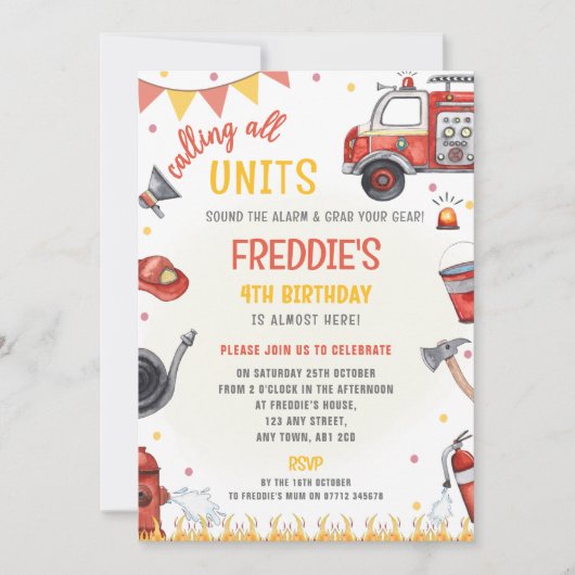 Fire Truck Birthday Invitation - Sound the Alarm Einladung (Vorderseite)