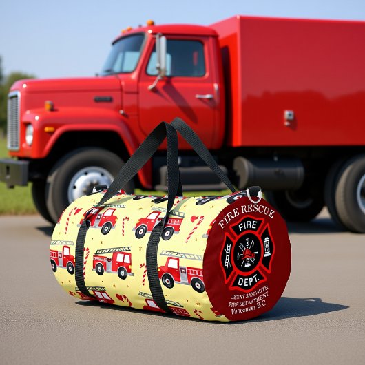 Fire Truck Candy Cane Personalized Duffle Bag