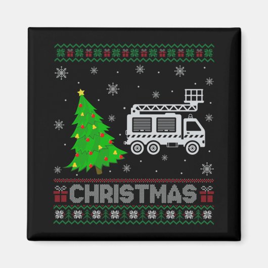 Fire Truck Xmas Tree Lighting Ugly Christmas Sweat Magnet (Vorne)