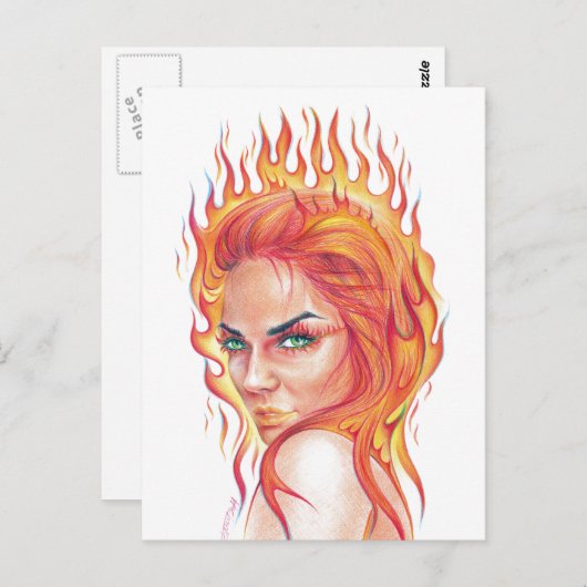 Fire Woman Surreal Fantasy Portrait zeichnend Kuns Postkarte (Vorne/Hinten)