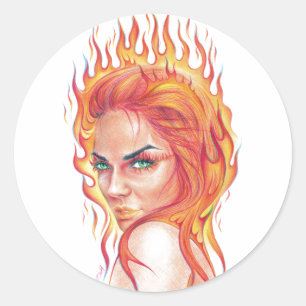 Fire Woman Surreal Fantasy Portrait zeichnend Kuns Runder Aufkleber