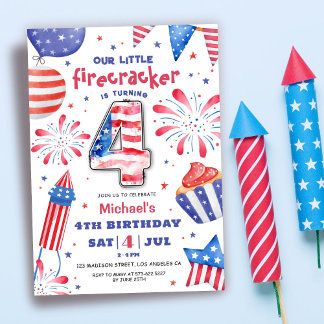 Firecracker 4. Juli 4. Geburtstag Patriotisch Nied Einladung