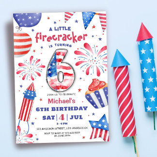 Firecracker 4. Juli 6. Geburtstag Patriotisch Nied Einladung