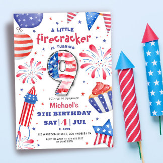Firecracker 4. Juli 9. Geburtstag Patriotisch Nied Einladung