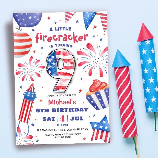 Firecracker 4. Juli 9. Geburtstag Patriotisch Nied Einladung