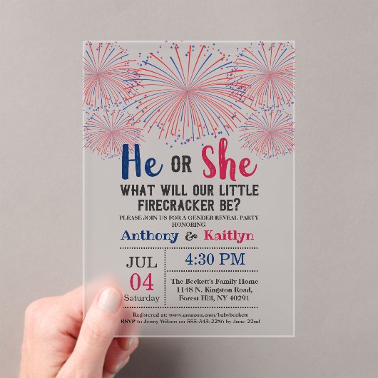 Firecracker 4. Juli Gender Reveal Party Acryleinladungen (Insitu (Handheld))