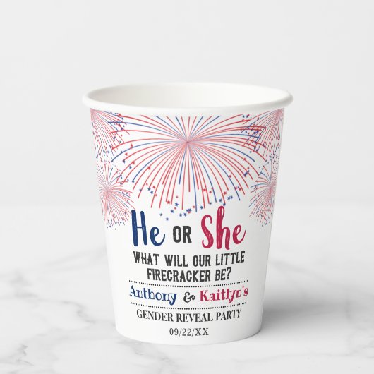 Firecracker 4. Juli Gender Reveal Party Pappbecher (Rückseite)