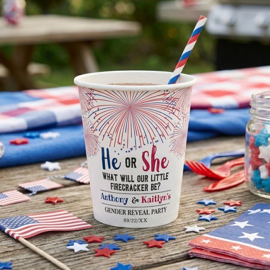 Firecracker 4. Juli Gender Reveal Party Pappbecher