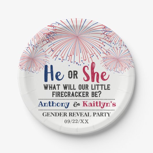 Firecracker 4. Juli Gender Reveal Party Pappteller (Vorderseite)