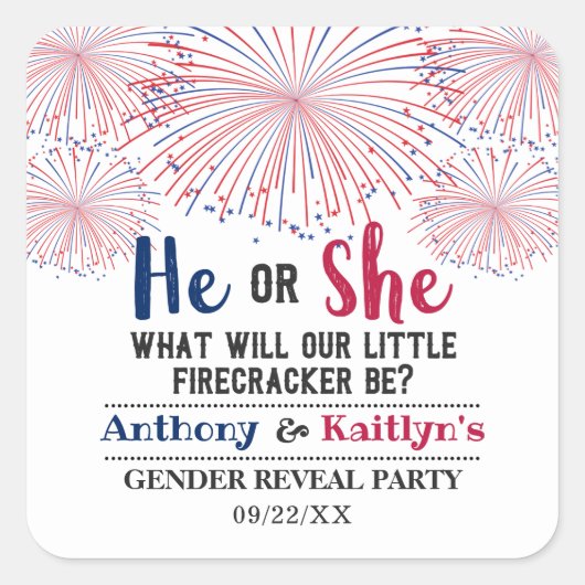 Firecracker 4. Juli Gender Reveal Party Quadratischer Aufkleber (Vorderseite)