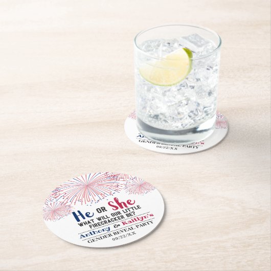 Firecracker 4. Juli Gender Reveal Party Runder Pappuntersetzer (Vor Ort)