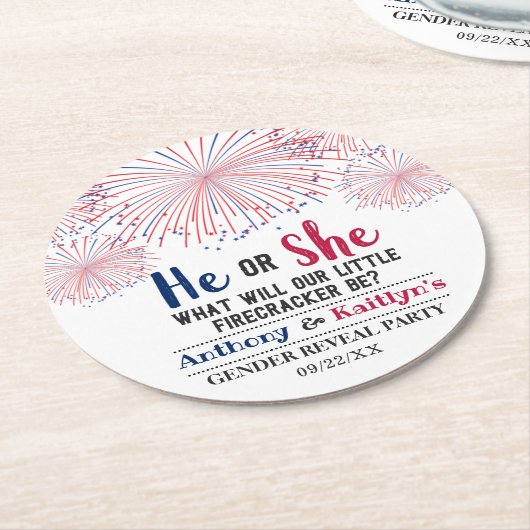 Firecracker 4. Juli Gender Reveal Party Runder Pappuntersetzer (Angewinkelt)
