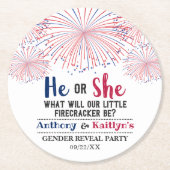 Firecracker 4. Juli Gender Reveal Party Runder Pappuntersetzer (Vorderseite)