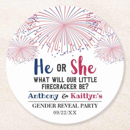 Firecracker 4. Juli Gender Reveal Party Runder Pappuntersetzer (Vorderseite)