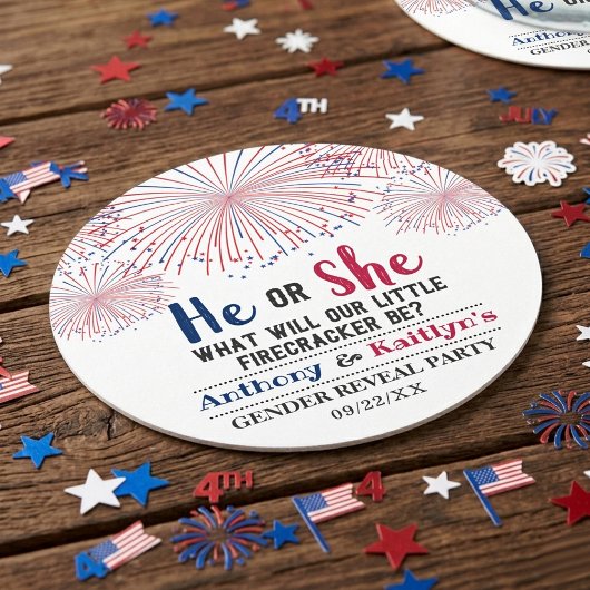 Firecracker 4. Juli Gender Reveal Party Runder Pappuntersetzer