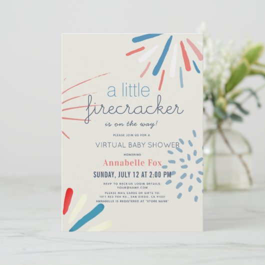 Firecracker 4. Juli Virtual Baby Shower Einladung (Stehend Vorderseite)
