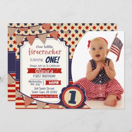 Firecracker Gender Neutral 4. Juli Einladung (Vorne/Hinten)