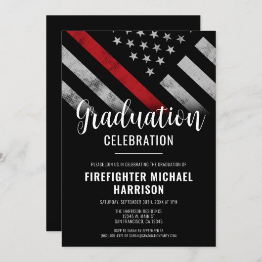 Firefighter Abschluss Red Line Flaggen Feuerwehrma Einladung (Vorne/Hinten)