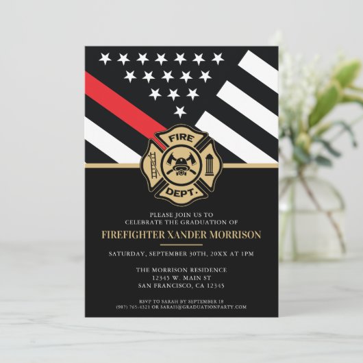 Firefighter Abschluss Red Line Flaggen Feuerwehrma Einladung (Stehend Vorderseite)