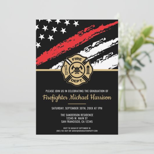 Firefighter Abschluss Red Line Flaggen Feuerwehrma Einladung (Stehend Vorderseite)