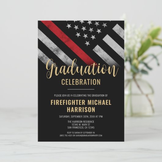 Firefighter Abschluss Red Line Flaggen Feuerwehrma Einladung (Stehend Vorderseite)