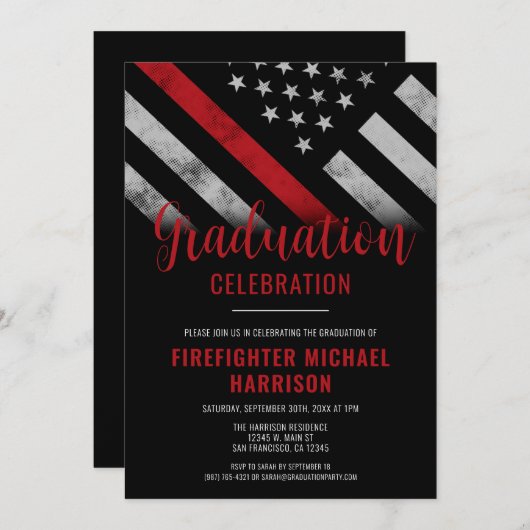 Firefighter Abschluss Red Line Flaggen Feuerwehrma Einladung (Vorne/Hinten)