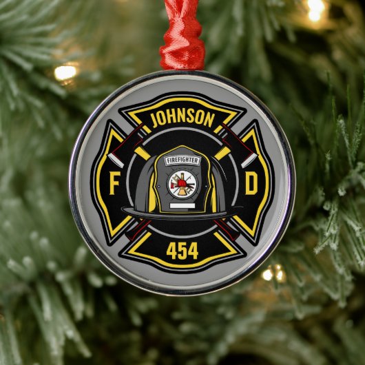 Firefighter ADD NAME Fire Department Rescue Team Ornament Aus Metall (Baum)