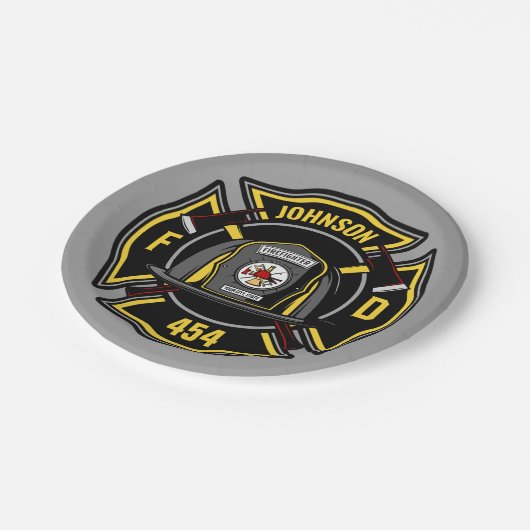 Firefighter ADD NAME Fire Department Rescue Team Pappteller (Schrägansicht)