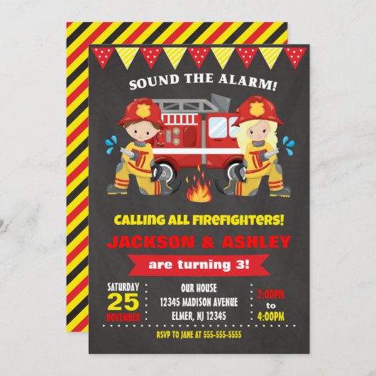 Firefighter Birthday Invitation Joint Girl Boy Einladung (Vorne/Hinten)