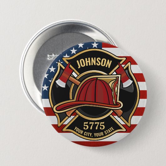 Firefighter Fire Rescue Department USA Flag Custom Button (Vorne & Hinten)