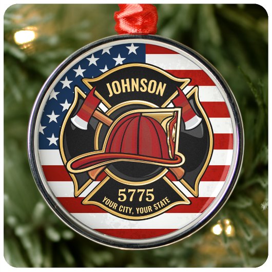 Firefighter Fire Rescue Department USA Flag Custom Ornament Aus Metall
