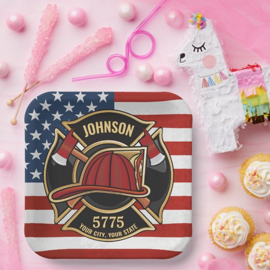Firefighter Fire Rescue Department USA Flag Custom Pappteller (Party)