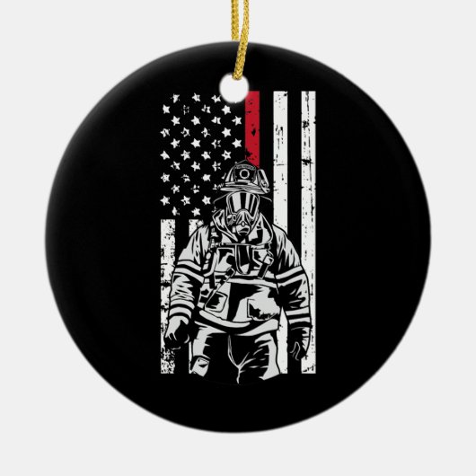 Firefighter Fireman American Flag Red Line Keramik Ornament (Vorne)