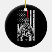 Firefighter Fireman American Flag Red Line Keramik Ornament (Hinten)