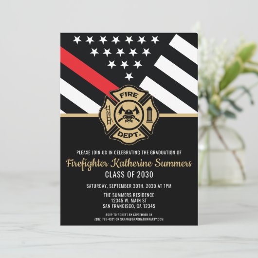 Firefighter Graduation Party Thin Red Line Flag Einladung (Stehend Vorderseite)