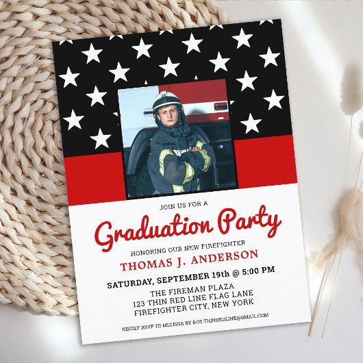 Firefighter Graduation Party Thin Red Line Foto Einladungspostkarte