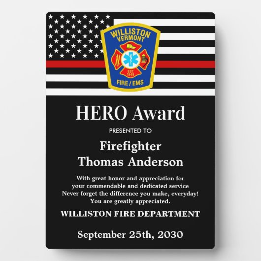 Firefighter HERO Award Thin Red Line Fotoplatte (Vorderseite)