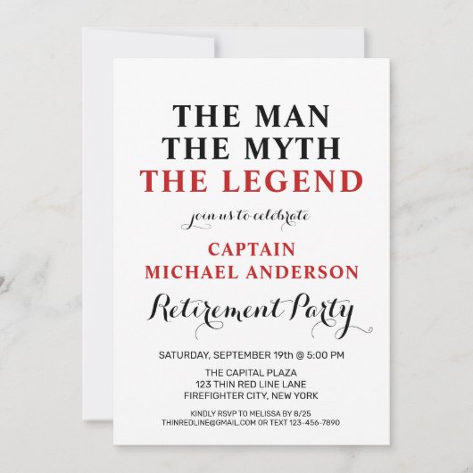 Firefighter Legend Thin Red Line Retirement Party Einladung (Vorderseite)