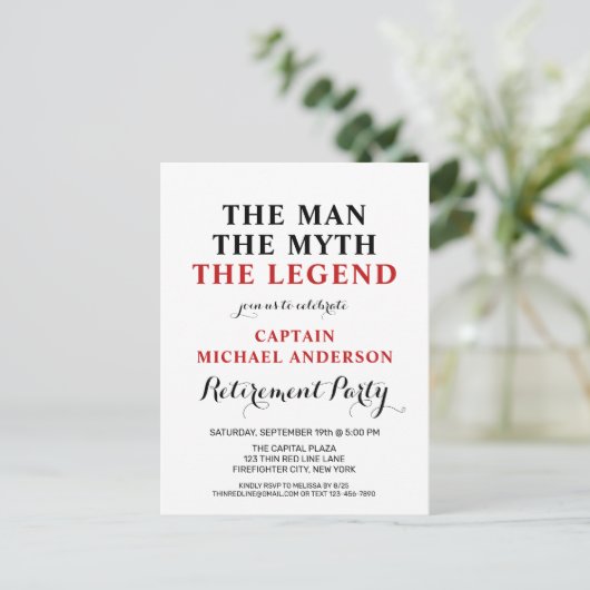 Firefighter Legend Thin Red Line Retirement Party Einladungspostkarte (Stehend Vorderseite)