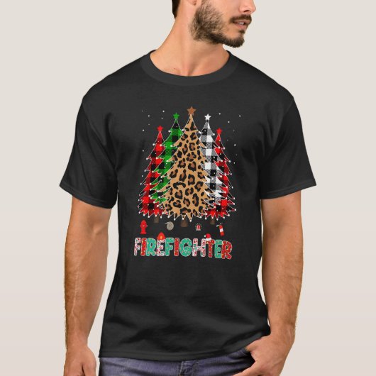 Firefighter Leopard Red White Green Plaid Christma T-Shirt (Vorderseite)