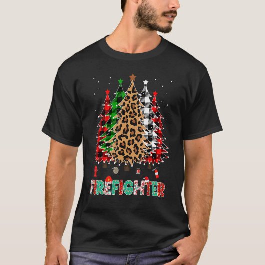 Firefighter Leopard Red White Green Plaid Christma T-Shirt (Vorderseite)