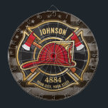 Firefighter NAME Fireman Fire Department USA Flag Dartscheibe<br><div class="desc">Firefighter NAME Fireman Fire Department USA Flag Design - Emblem mit Red Helmet und Ax. Passen Sie Ihre Name,  Station/Dept-Nummer und Position an.</div>