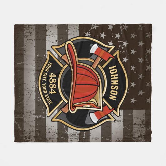 Firefighter NAME Fireman Fire Department USA Flag Fleecedecke (Vorderseite (Horizontal))