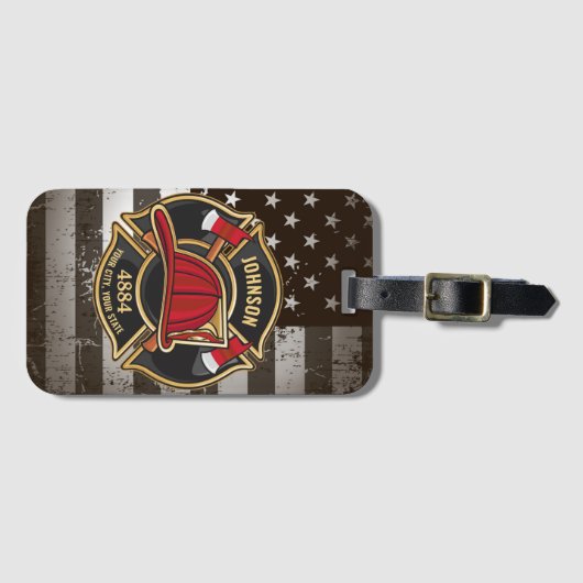 Firefighter NAME Fireman Fire Department USA Flag Gepäckanhänger (Vorderseite (Horizontal))