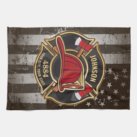 Firefighter NAME Fireman Fire Department USA Flag Geschirrtuch (Horizontal)