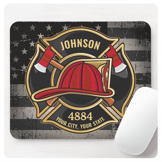 Firefighter NAME Fireman Fire Department USA Flag Mousepad